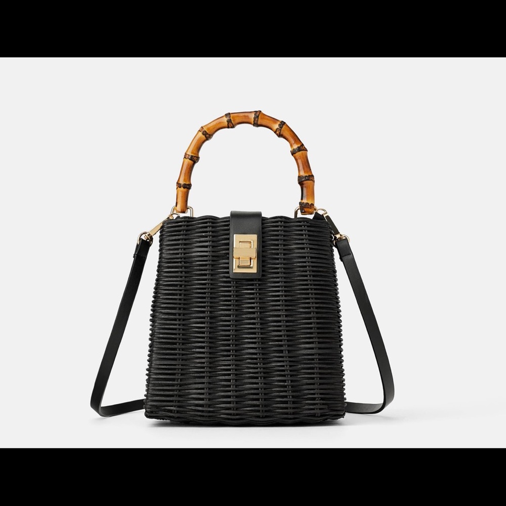 Black Straw Bamboo Handle Bag